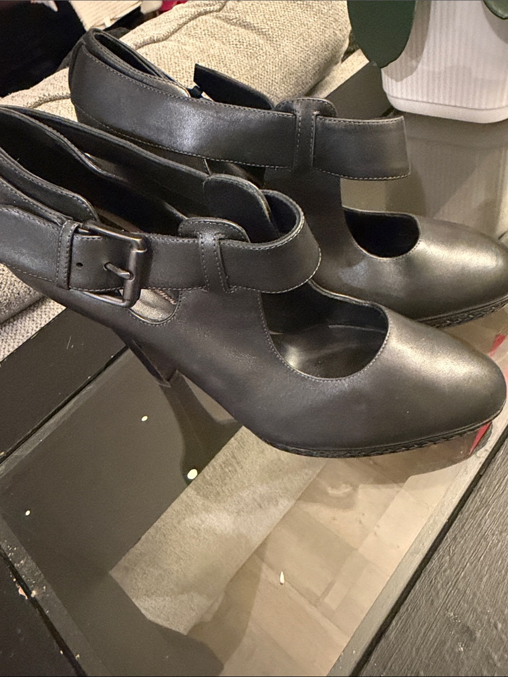 Bottega Veneta Black Leather Mary Jane Platform Heels with Ankle Strap